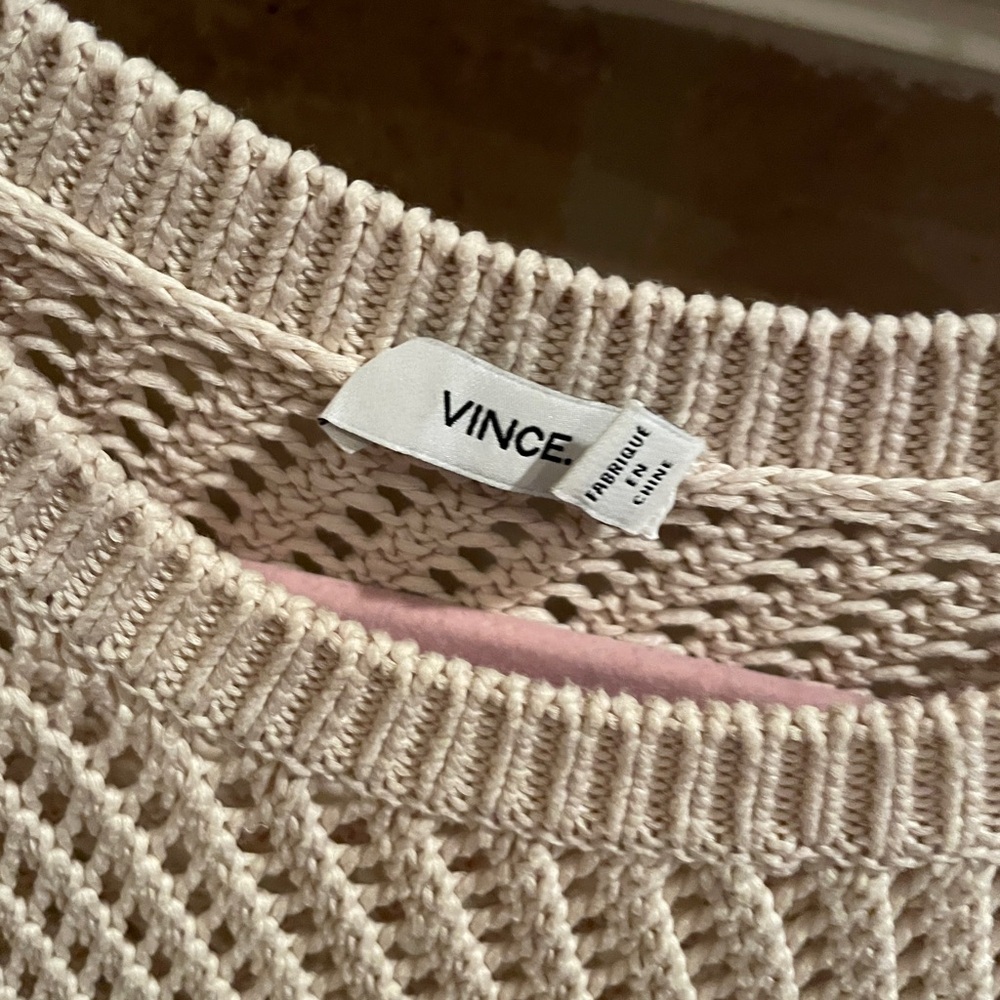 VINCE Cream Beige Long Sweater Vest 💯% cotton crochet open weave Neutral S - Picture 3 of 9